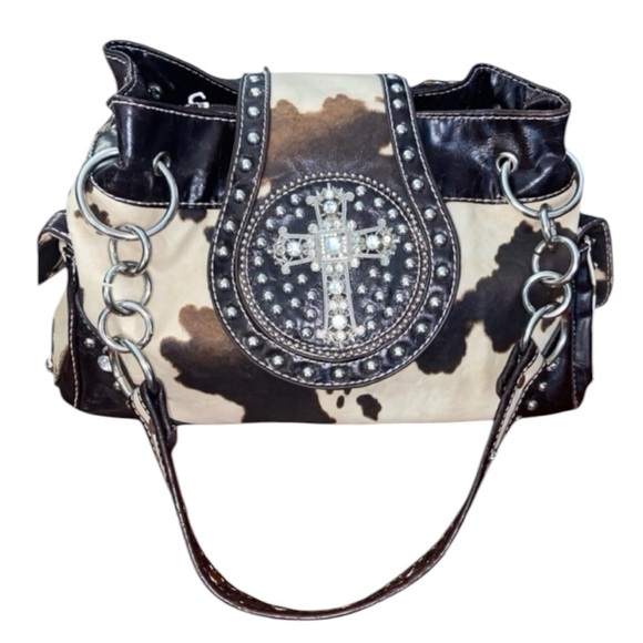 Studded Cross Black and Tan Shoulder Bag - Picture 2 of 7